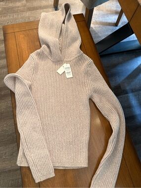 aerie Ribbed Hooded Sweater in Light Beige